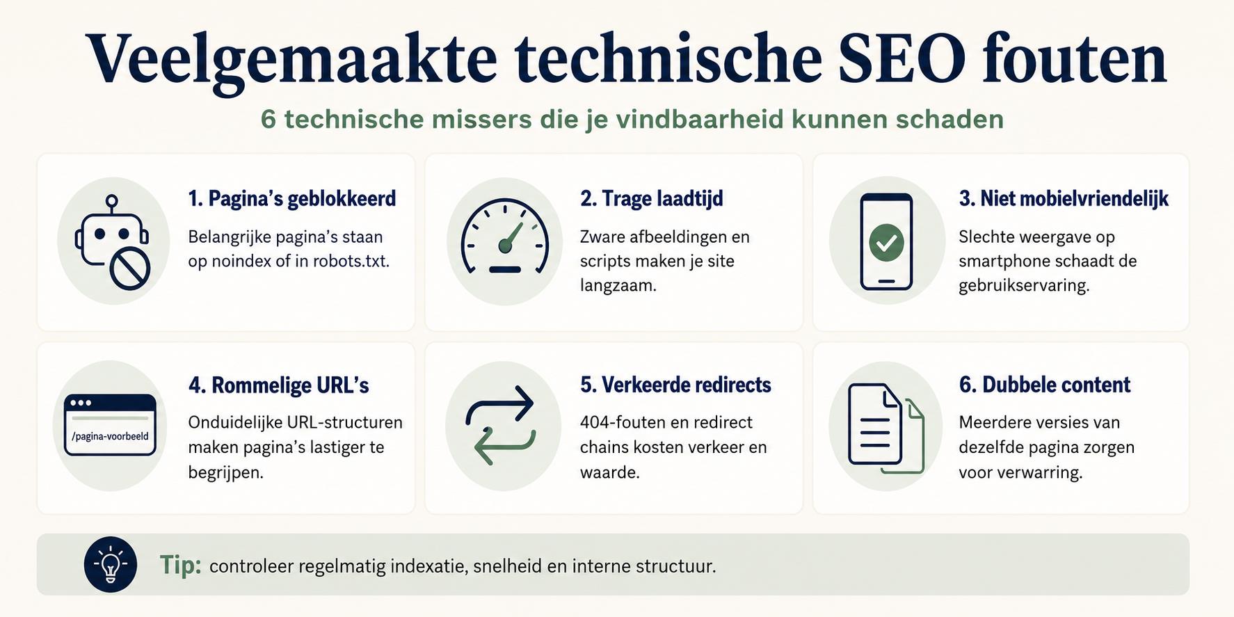 Infographic: 10 veelgemaakte technische SEO fouten zoals robots.txt blokkering, trage laadtijden en mobiele optimalisatie
